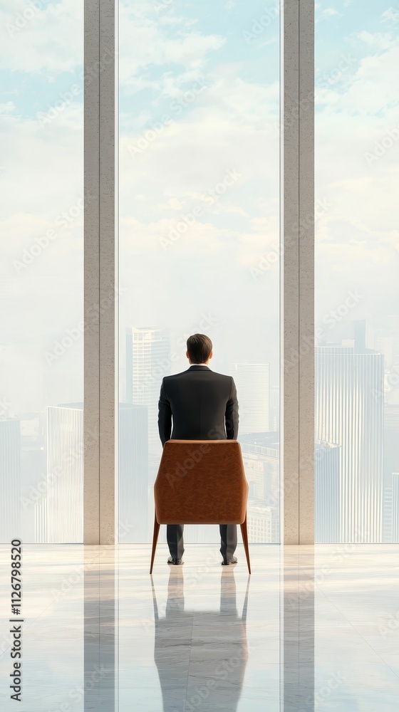 inequality wealth social concept, A man in a suit sits in a chair, facing large windows with a city skyline view, suggesting contemplation and ambition. inequality wealth social concept, A man in a suit sits in a chair, facing large windows with a city skyline view, suggesting contemplation and ambition.