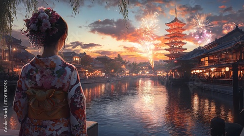 Woman in Floral Kimono by Waterway with Pagoda and Fireworks at Twilight