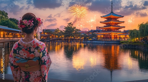 Woman in Floral Kimono by Waterway with Pagoda and Fireworks at Twilight