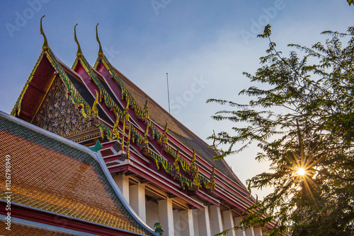 Picture of pagodas in Wat Pho in Bangkok, Thailand, one of Thailand's oldest temples.