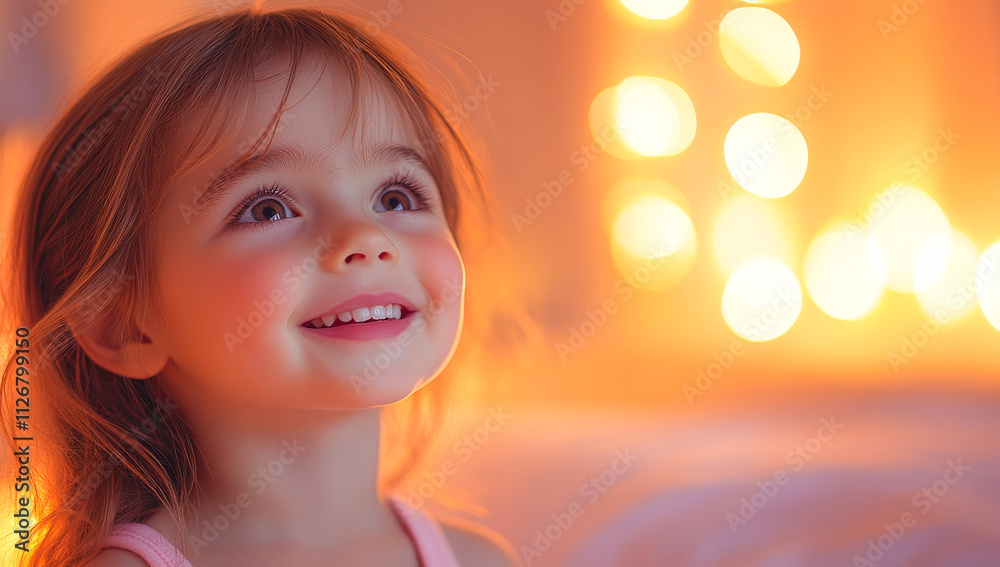 Young girl enjoying a moment of joy and wonder. A young girl with a bright smile gazes upward, captivated by warm, glowing lights in the background.