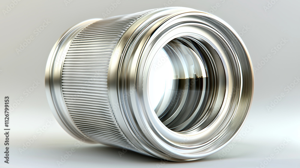 A shiny, silver camera lens with a circular aperture.. A shiny, silver camera lens with a circular aperture..