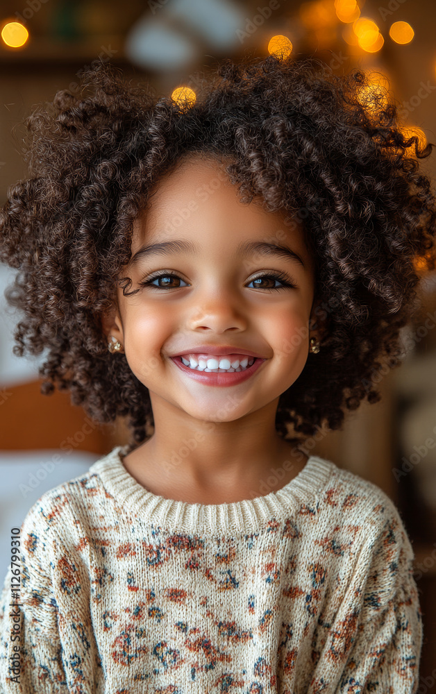 Smiling girl with curly hair in cozy setting. A cheerful girl with curly hair wears a knitted sweater and smiles brightly in a warm, inviting indoor space. Smiling girl with curly hair in cozy setting. A cheerful girl with curly hair wears a knitted sweater and smiles brightly in a warm, inviting indoor space.