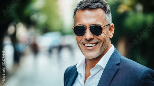 Confident businessman enjoying a sunny day outdoors, wearing stylish sunglasses and a modern suit, exuding charm and positive energy in a lively urban background.