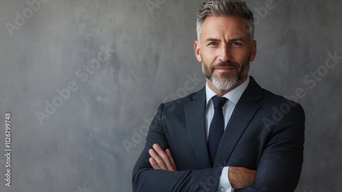 Charismatic businessman in suit with a confident stance looking at camera on grey background, banner