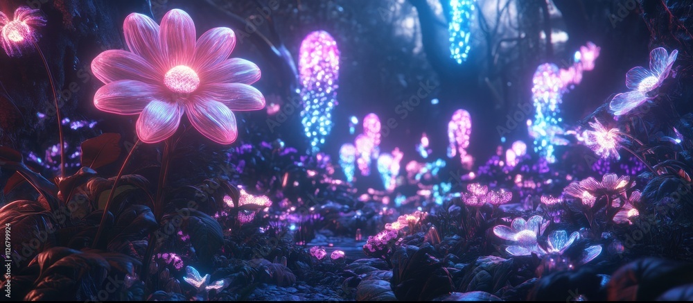Glowing pink and blue flowers in a dark fantasy forest. Glowing pink and blue flowers in a dark fantasy forest.