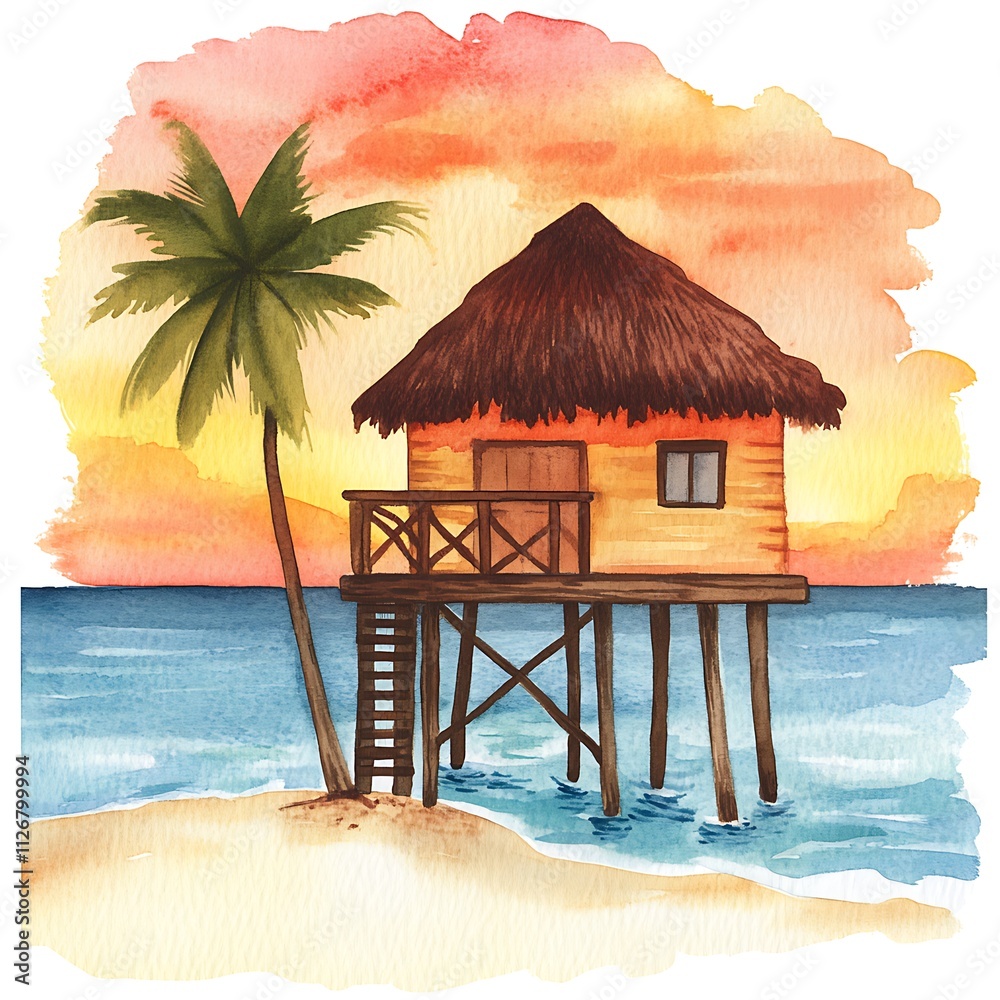 Fototapeta premium Watercolor painting of a tropical beach hut on stilts at sunset.