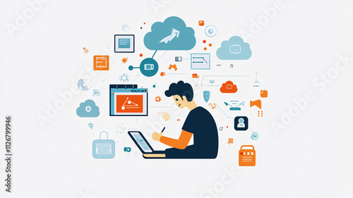 A simple design of an IT support man leaning over a digital tablet, surrounded by cloud computing and tech service icons. 