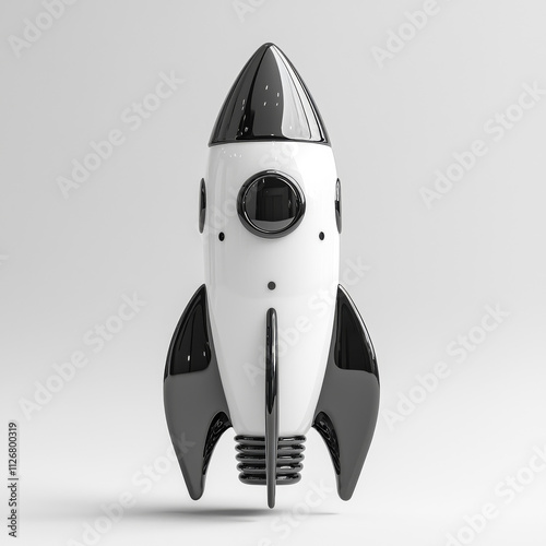 Modern rocket design in black and white colors. A sleek, black and white rocket stands upright against a light background, showcasing its streamlined design.