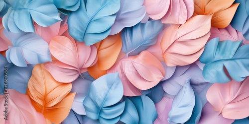 Pastel blue, pink, and orange tropical leaves background.