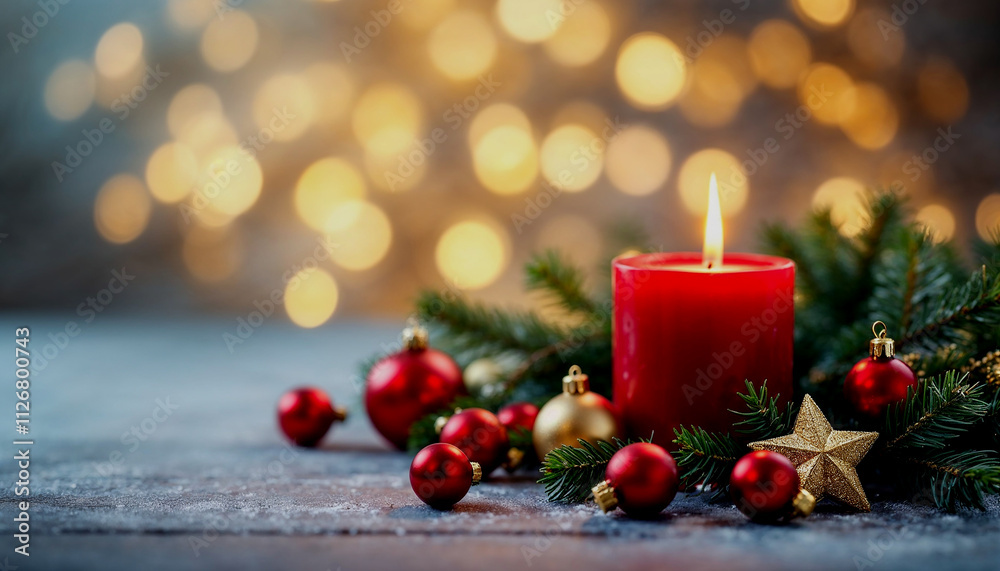 Festive holiday greeting card with featuring a lit red candle, ornaments, and a warm bokeh background Festive holiday greeting card with featuring a lit red candle, ornaments, and a warm bokeh background
