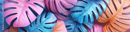Pastel blue, pink, and orange tropical leaves background.