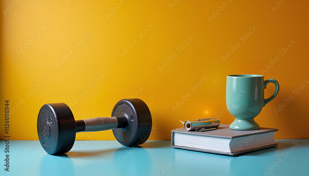 Dumbbell, book, and coffee mug on a colorful background Dumbbell, book, and coffee mug on a colorful background