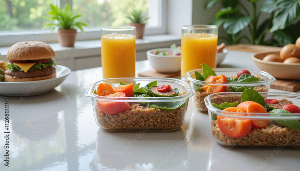 Healthy meal prep with salads and juices on kitchen table featuring balanced diet and nutrition Healthy meal prep with salads and juices on kitchen table featuring balanced diet and nutrition