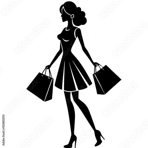 Silhouette of a woman with shopping bags. Vector illustration 