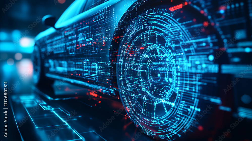 A stylized car wheel icon made of digital circuits, with data streams representing automotive diagnostics, online repair platforms, and smart vehicles. A stylized car wheel icon made of digital circuits, with data streams representing automotive diagnostics, online repair platforms, and smart vehicles.