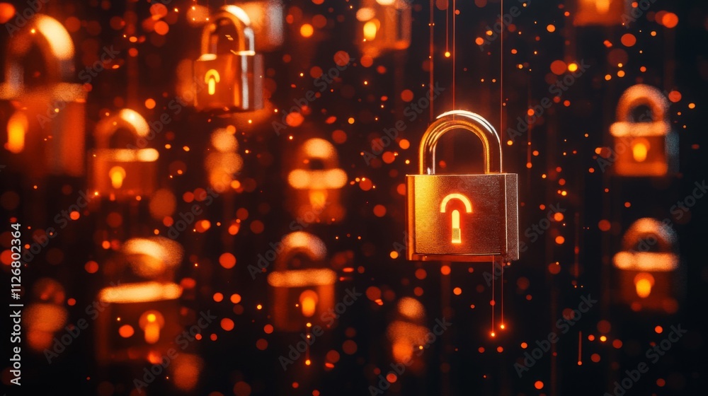 Golden Padlocks Hanging Against A Dark Background Golden Padlocks Hanging Against A Dark Background
