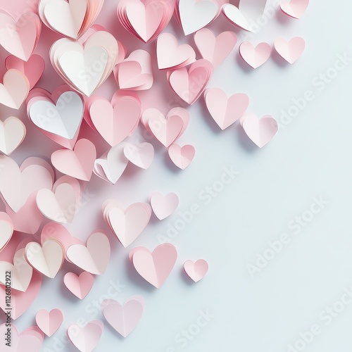 Cascading paper hearts in light pink hues along the top-left corner of a pale background, with the rest open for text.