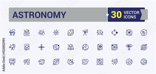 Astronomy icon pack. Containing cosmos, asteroid, cosmic, astronaut, galaxy, observatory, science and more. Simple line vector. Editable vector icon and illustration.