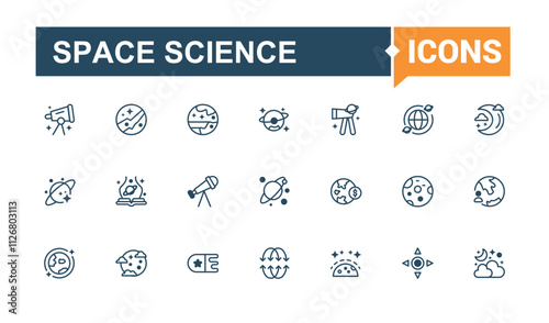 Space Science icon collection. Featuring astronaut, asteroid, nebula, cosmos, science, astrology, cosmic and more. Outline symbol collection. Editable vector outline and solid icons.
