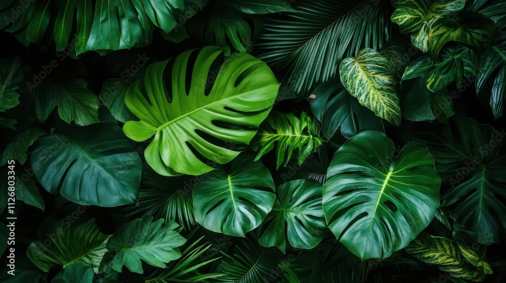 Lush green tropical leaves in a dense arrangement. Lush green tropical leaves in a dense arrangement.