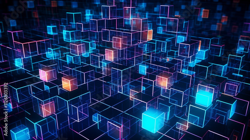 A futuristic digital landscape with glowing neon cubes and lines forming a complex geometric pattern.