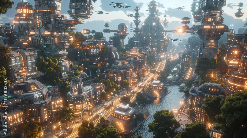 Fototapeta premium Futuristic cityscape with illuminated skyscrapers, flying drones, and lush greenery, showcasing advanced urban development at dusk