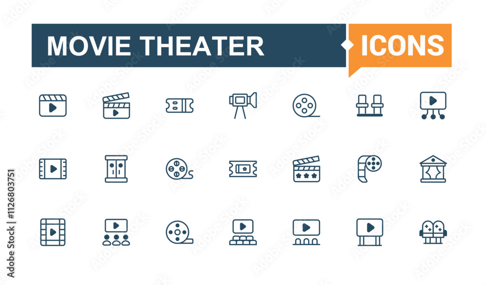Movie Theater thin line icon set. Contains related to multimedia, cinematography, theater, entertainment, screen, film and more. Pixel perfect.