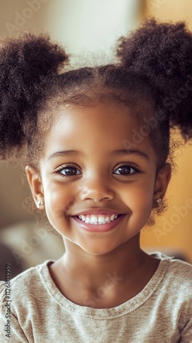Adorable young child with natural afro puffs hairstyle and bright genuine smile wearing casual beige top, radiating pure joy and innocence in warm indoor lighting setting. photo