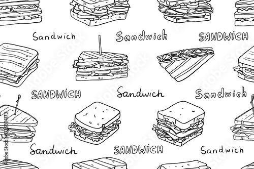 Seamless pattern of sandwiches in doodle style. Fast food. Great for menu design, banners, websites, packaging. Hand drawn vector illustration EPS10