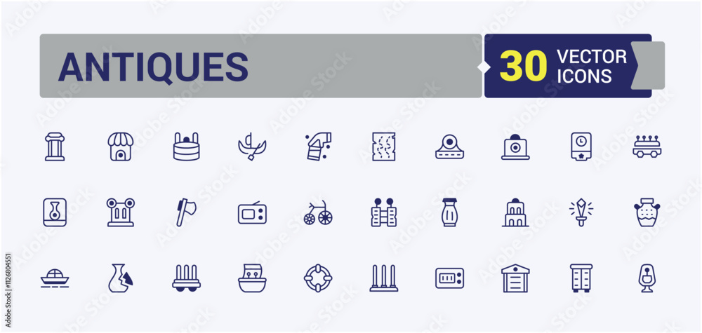 Antiques thin line icon set. Related to collectibles, history, vintage, antique, culture and more. Thin outline icons pack. Vector icons editable stroke.