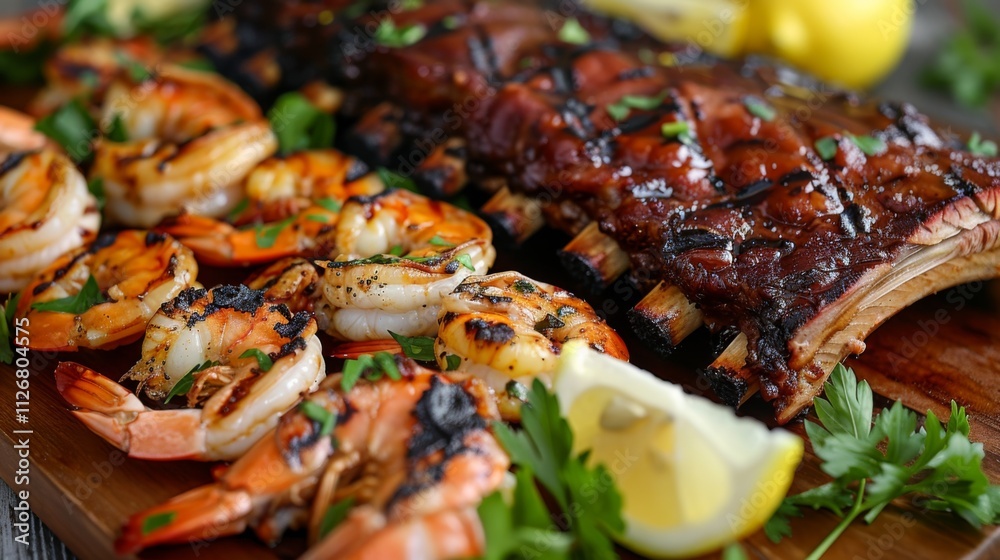 Grilled shrimp, barbecue ribs, and salmon with lemon wedges and parsley served on a rustic wooden board Grilled shrimp, barbecue ribs, and salmon with lemon wedges and parsley served on a rustic wooden board