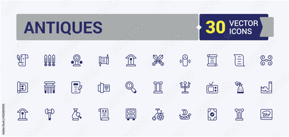 Antiques thin line icon set. Related to collectibles, history, vintage, antique, culture and more. Thin outline icons pack. Vector icons editable stroke. Antiques thin line icon set. Related to collectibles, history, vintage, antique, culture and more. Thin outline icons pack. Vector icons editable stroke.