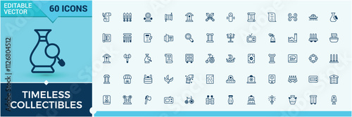 Timeless Collectibles linear icon collection. Includes icons for vintage, fossil, history, old, culture, collectibles and more. Simple web icons. Editable vector stroke.