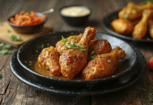 Golden-brown roasted chicken thighs garnished with chopped parsley, served on a black plate on a rustic wooden table in restaurant