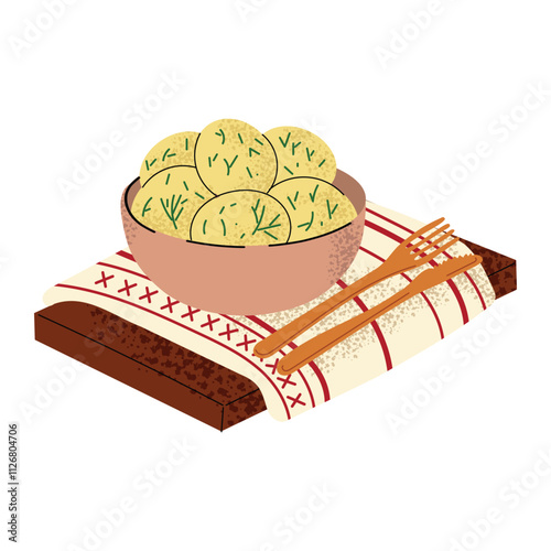 Boiled potatoes with dill. Vector illustration of a meal in a plate. Ukrainian cuisine.  Hand drawn vector illustration. White isolated background.