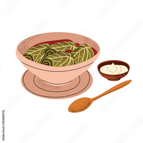 Stuffed cabbage, Golubtsy. Vector illustration of Ukrainian traditional cuisine.  Hand drawn vector illustration. White isolated background.