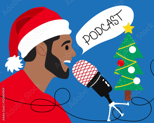 Podcast concept, Radio host, Merry Christmas. Media tool, mic and speech bubble. Male podcaster speaking to mic, broadcaster at workspace. Vector illustration.