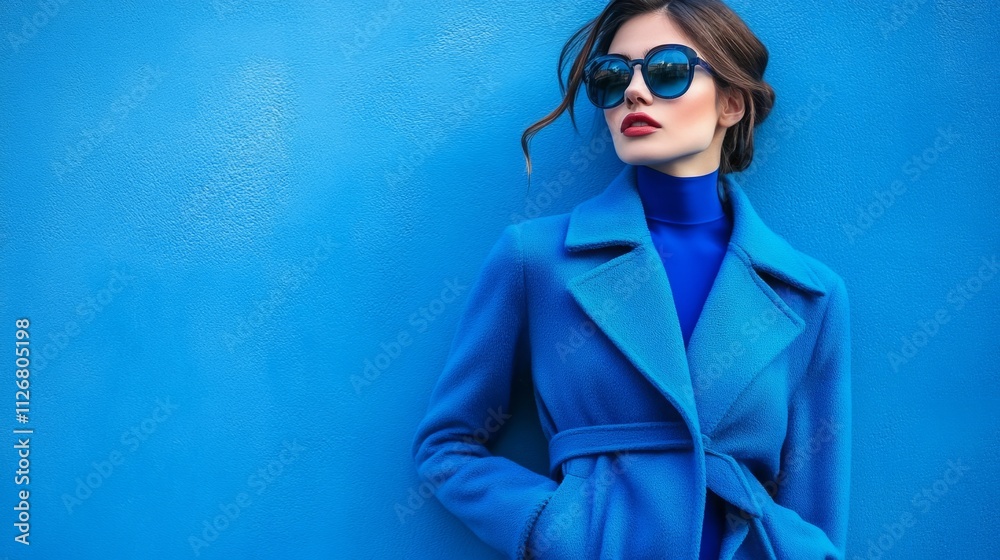 fashion portrait of young elegant woman in blue coat. Total blue monochromatic fashion look, blue tights, blue background, trendy eyewear fashion portrait of young elegant woman in blue coat. Total blue monochromatic fashion look, blue tights, blue background, trendy eyewear