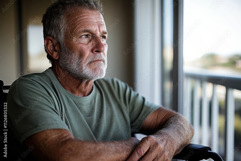 Fototapeta premium An older man sits in a wheelchair, gazing thoughtfully out the window, reflecting on life with an expression of contemplation and deep thought in a serene environment.
