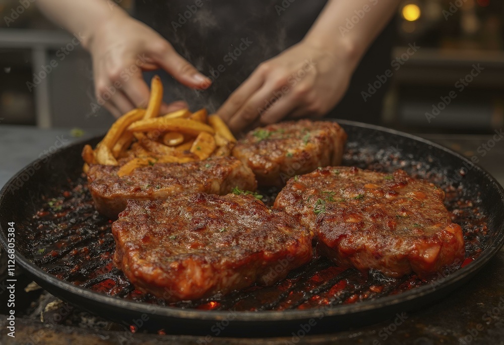 Chef cooking thick beef steak on an open grill in a restaurant