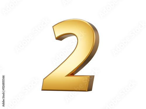 Two, golden number 2 on white background 3d illustration 