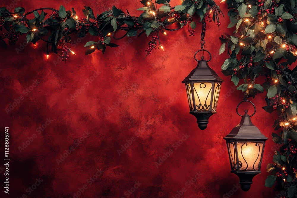 Ornate lanterns on a warm crimson background with scattered festive garlands, leaving room for text. Ornate lanterns on a warm crimson background with scattered festive garlands, leaving room for text.