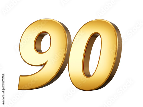 3d illustration of golden number ninety or 90 isolated on white background with shadow. 