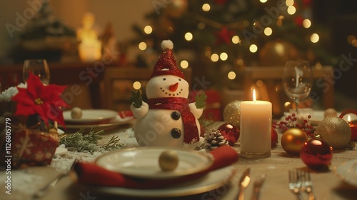 A picture-perfect Christmas dinner table. Front view photo of plates, cutlery, balls, napkin, candle, snowman, confetti, spruce twigs on beige background with advert area.Defocused christmas tree