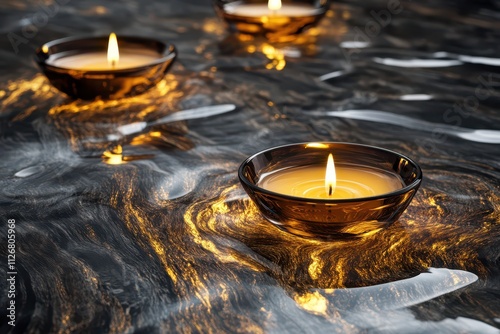 Cluster of candles glowing gently on a polished stone background with golden reflections, leaving room for text. photo