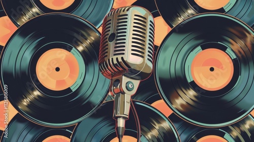 Vintage microphone with overlapping vinyl records in a bold retro-style abstract art background