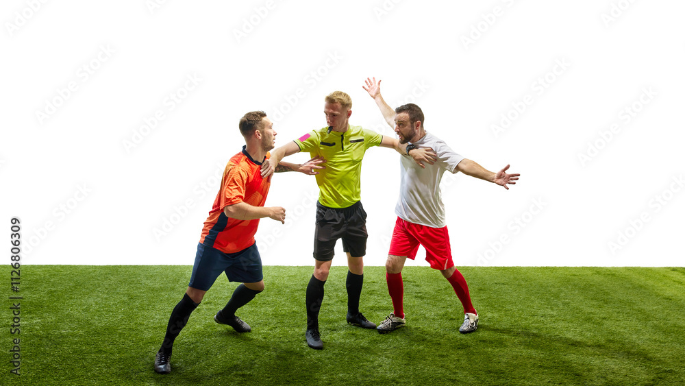 Referee blowing whistle while holding back two opposing players arguing, showcasing authority and enforcement of soccer rules. Concept of sport, fair play, competition, control, rules