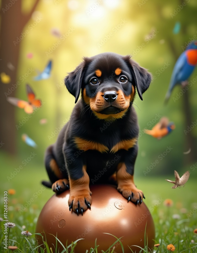 a very cute puppy on a copper sphere, a lush green forest in the background, colorful feathers flying in the air, sun rays, vivid