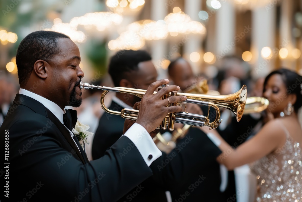 Obraz premium A talented brass musician performs passionately at a luxurious wedding, captivating guests with the beauty of live music and creating a vibrant atmosphere of celebration.